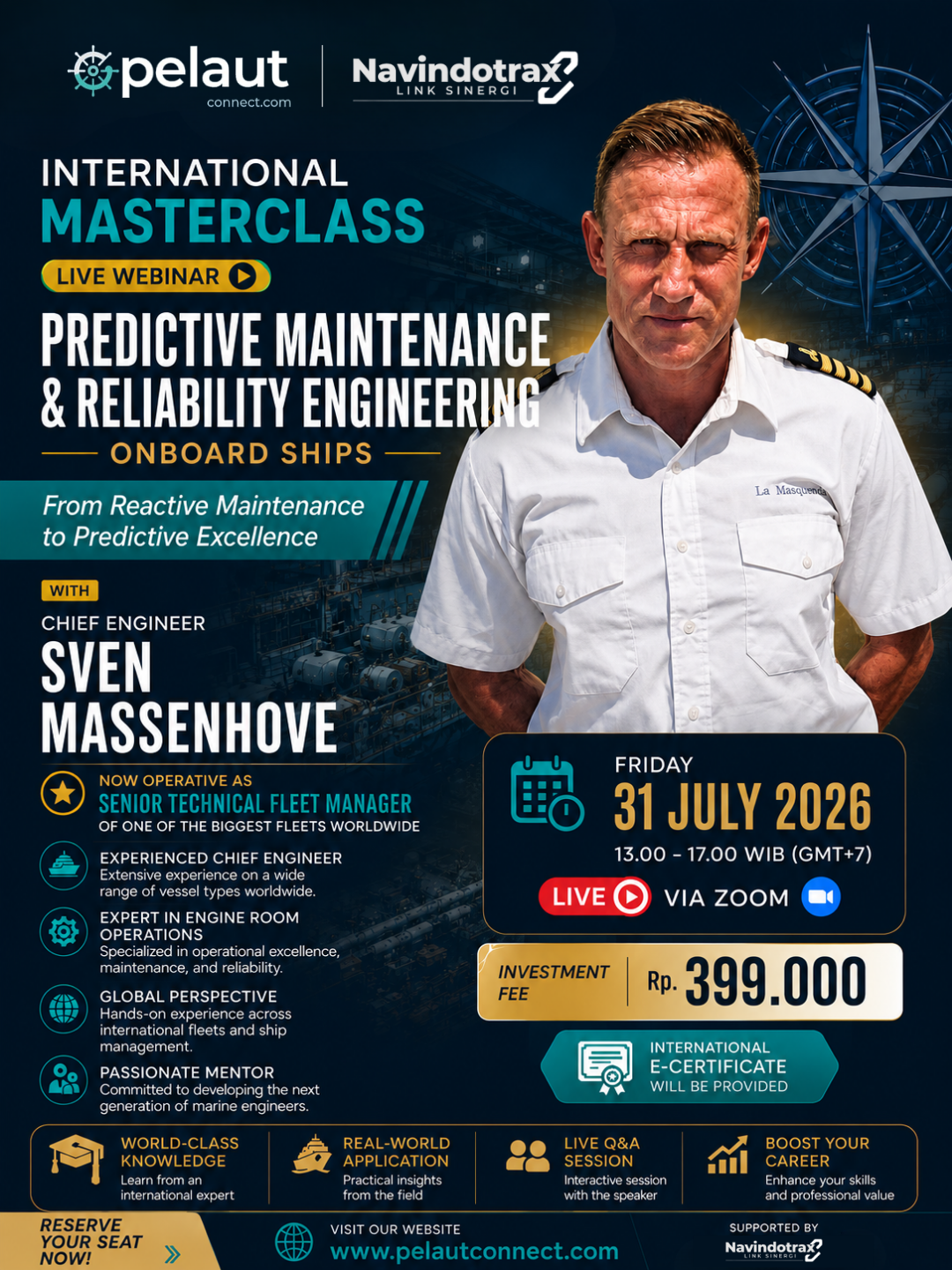 Live webinar bersama Chief Engineer Sven Massenhove membahas predictive maintenance di atas kapal, Jumat 31 Juli 2026.